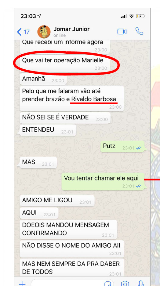 Tela de WhatsApp com troca de mensagens de Jomar Júnior. Suspeitos com medo de que Domingos Brazão fosse presos.