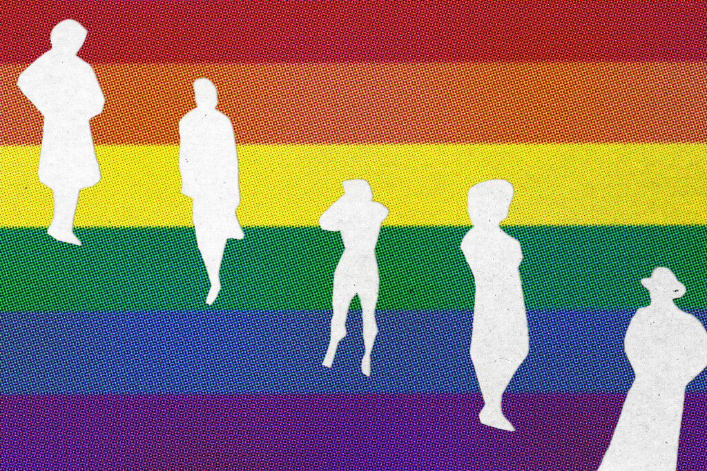 Bandeira do movimento LGBTQIAP+   que representa simbolicamente a diversidade de orientações sexuais, identidades de gênero e culturas dentro com a silhueta de mulheres.
