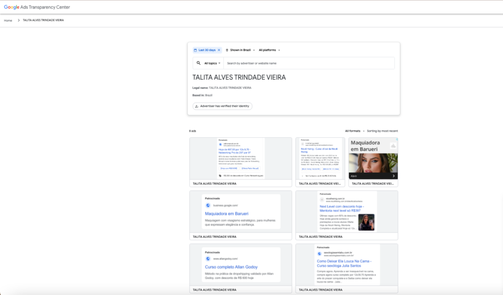 Reprodução Centro de Transparência de Anúncios do Google