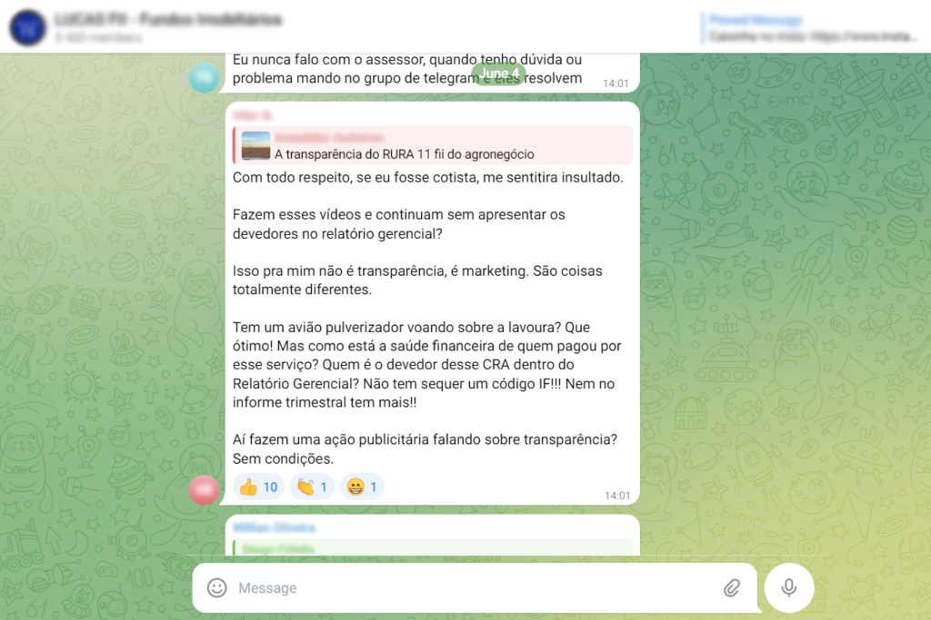 Investidores debatem falta de transparência do Fiagro RURA11. Foto: Captura de tela/Telegram. 