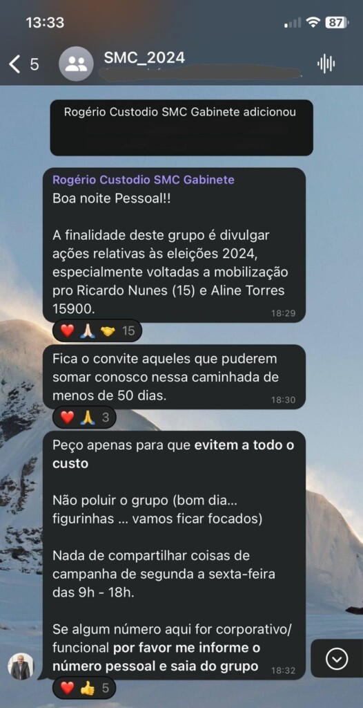 Mensagens explicam propósito de grupo em que foram adicionados servidores da Secretaria Municipal de Cultura (Crédito: Reprodução)