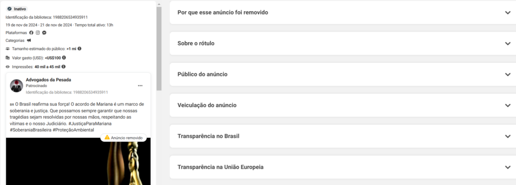 Conteúdo pago impulsionado pelo 'Advogados da Pesada', em novembro de 2024, para promover "soberania" do Brasil no julgamento da tragédia de Mariana (Foto: Reprodução)