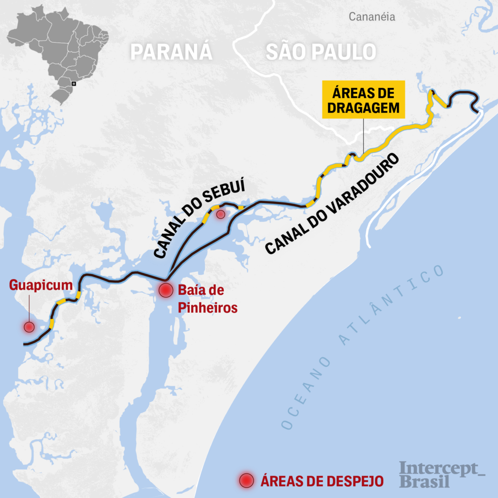 Mapa mostra rota prevista da BR do Mar, locais de dragagem e áreas de despejo dos sedimentos (Ilustração: Rodolfo Almeida)