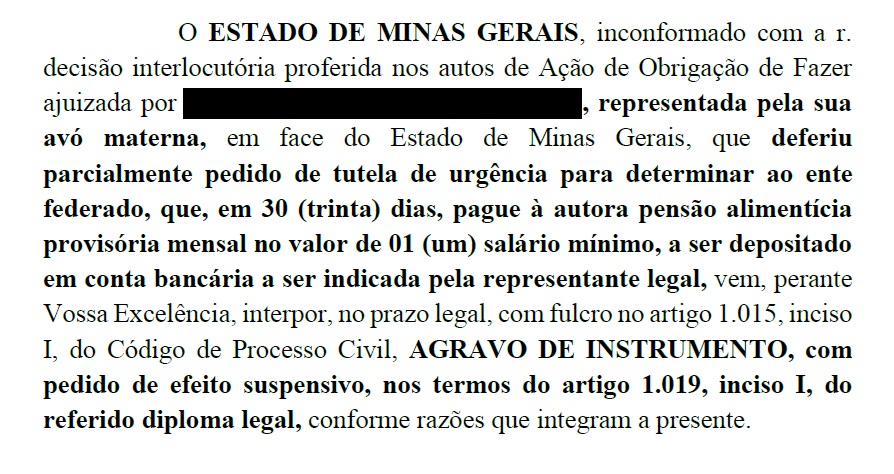 Trecho do recurso apresentado pelo estado de Minas Gerais para suspender decisão que concedeu pensão à filha de Thainara (Foto: Reprodução)