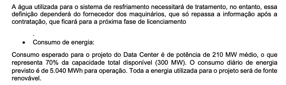 Trecho do relatório que detalha o projeto do data center do TikTok no Ceará (Foto: Reprodução)