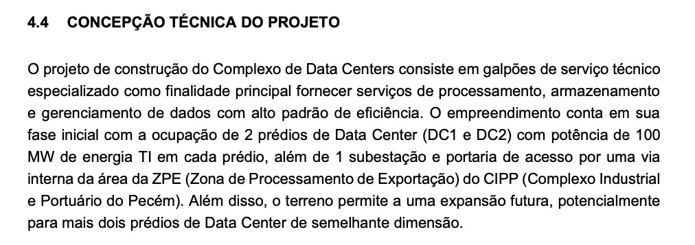 Trecho do relatório que detalha o projeto do data center do TikTok no Ceará (Foto: Reprodução)