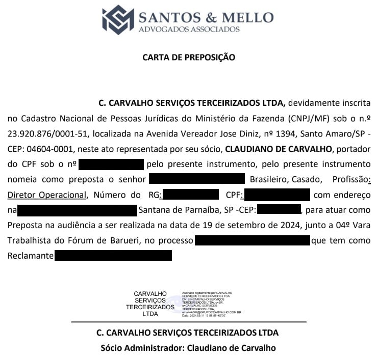 Claudiano de Carvalho assinou procuração a escritório de advocacia como "sócio administrador" da Domain. O documento consta m uma reclamação trabalhista feita em 2024 contra uma das empresas do grupo que presta serviços terceirizados (Foto: Reprodução)