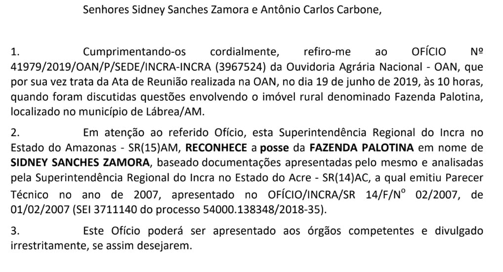 A sonhada posse da Fazenda Palotina: ofício de novembro de 2019 para ‘ser apresentado aos órgãos competentes e divulgado irrestritamente' (Foto: Reprodução)